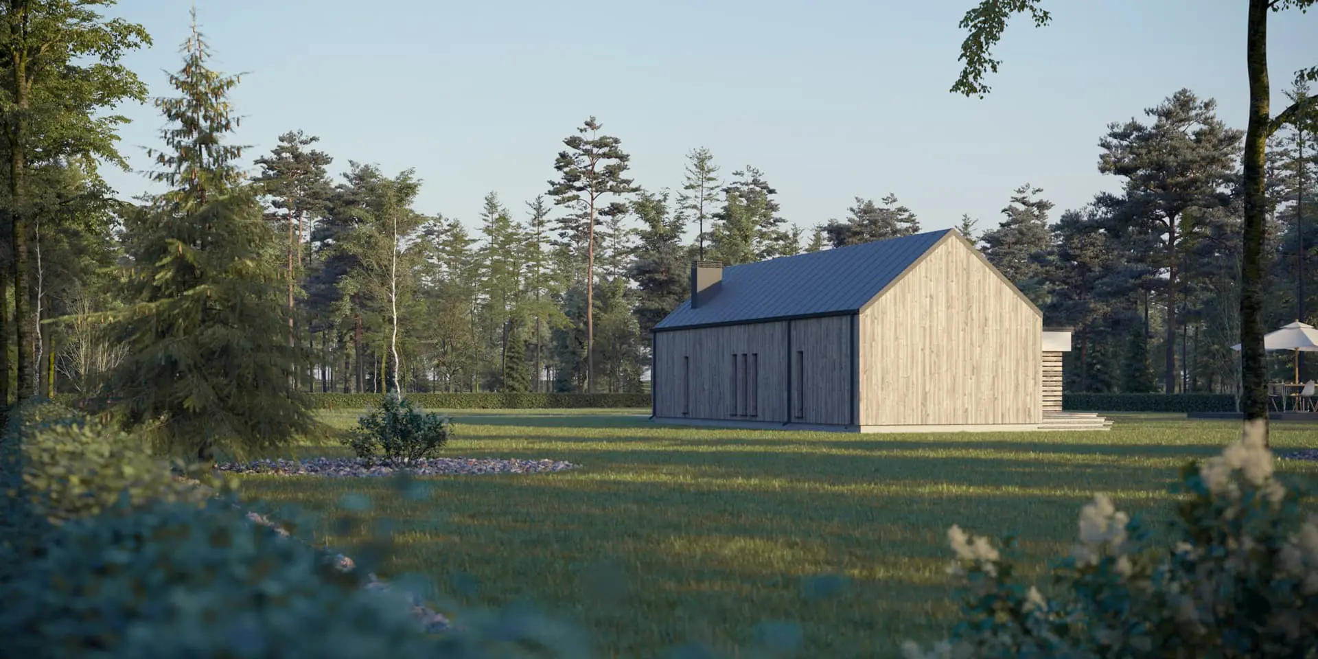 Projekt domu jednorodzinnego o pow. 127 m²: Parterowy, 3 Sypialnie, 2 Łazienki, Otwarta kuchnia, Wiata