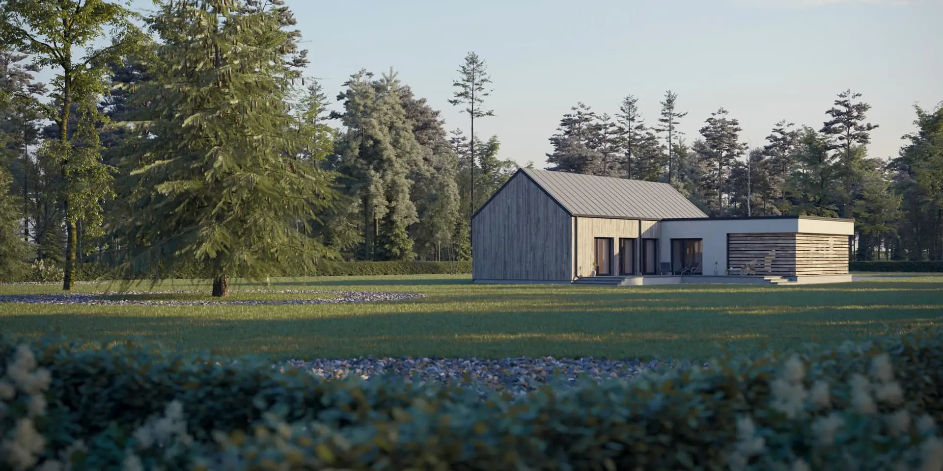 Projekt domu jednorodzinnego o pow. 127 m²: Parterowy, 3 Sypialnie, 2 Łazienki, Otwarta kuchnia, Wiata