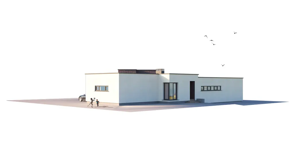 Projekt domu jednorodzinnego o pow. 197 m²: Parterowy, 3 Sypialnie, Gabinet, 2 Łazienki, Otwarta kuchnia, Garaż