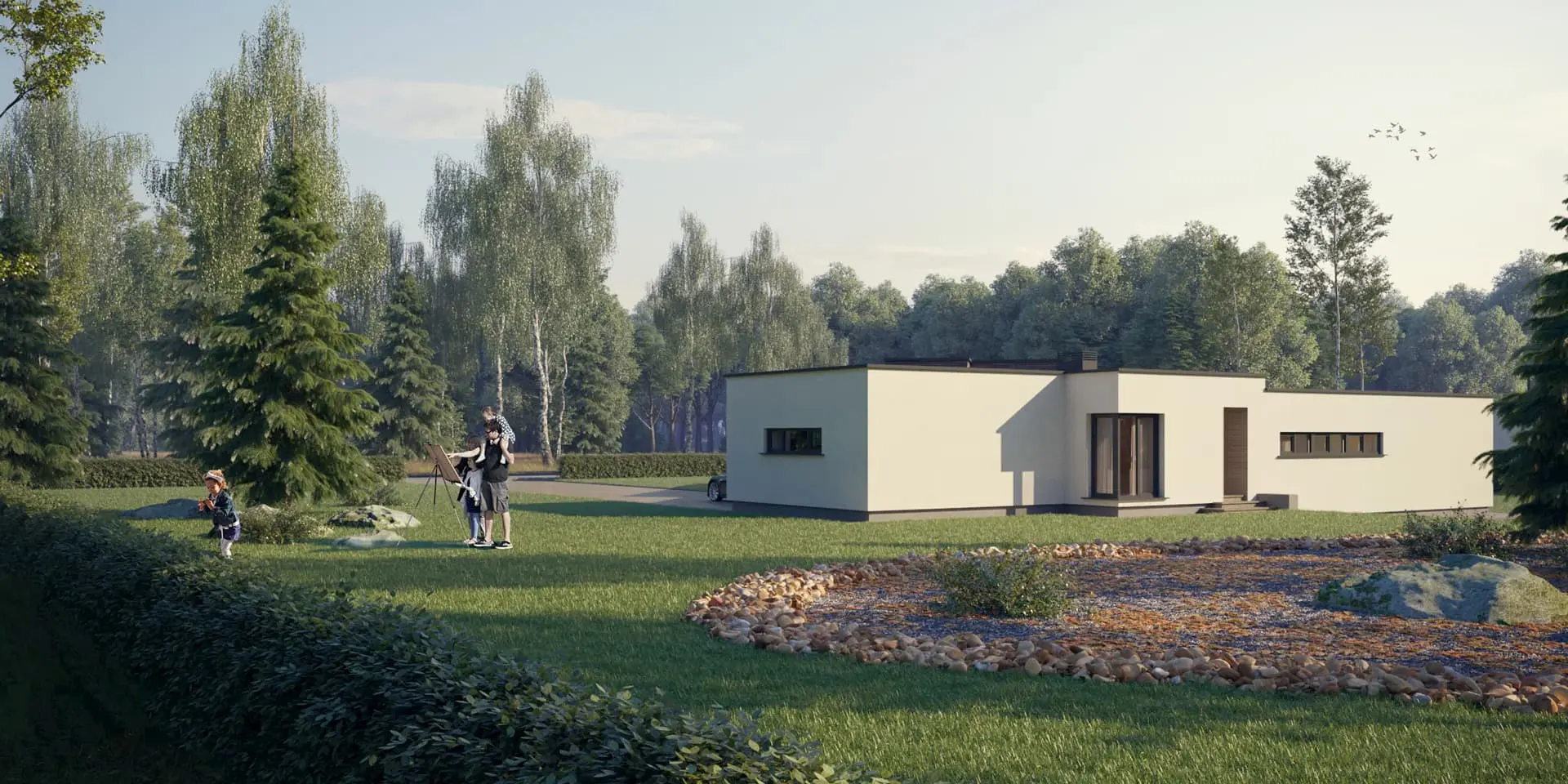 Projekt domu jednorodzinnego o pow. 197 m²: Parterowy, 3 Sypialnie, Gabinet, 2 Łazienki, Otwarta kuchnia, Garaż