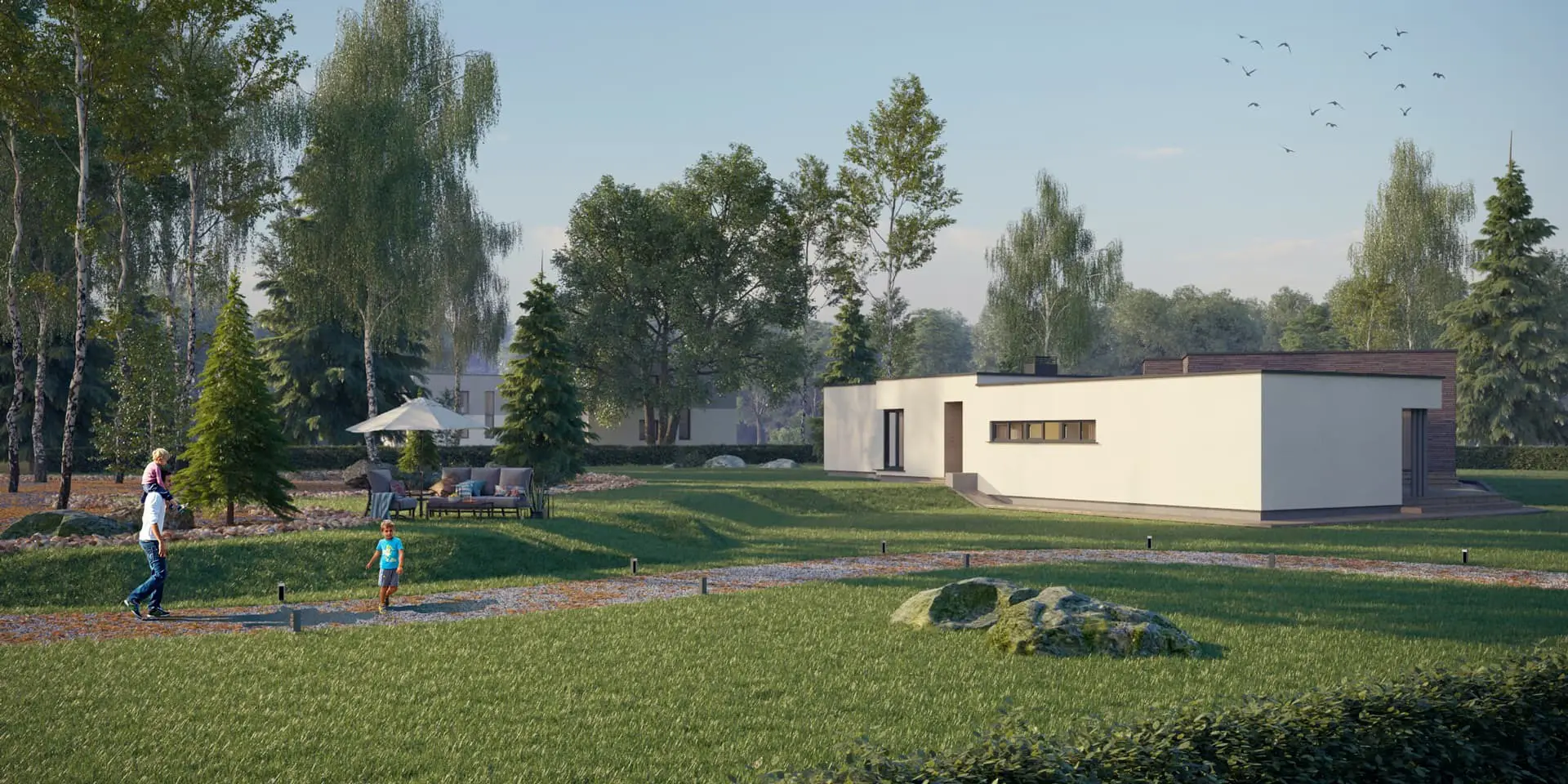 Projekt domu jednorodzinnego o pow. 197 m²: Parterowy, 3 Sypialnie, Gabinet, 2 Łazienki, Otwarta kuchnia, Garaż