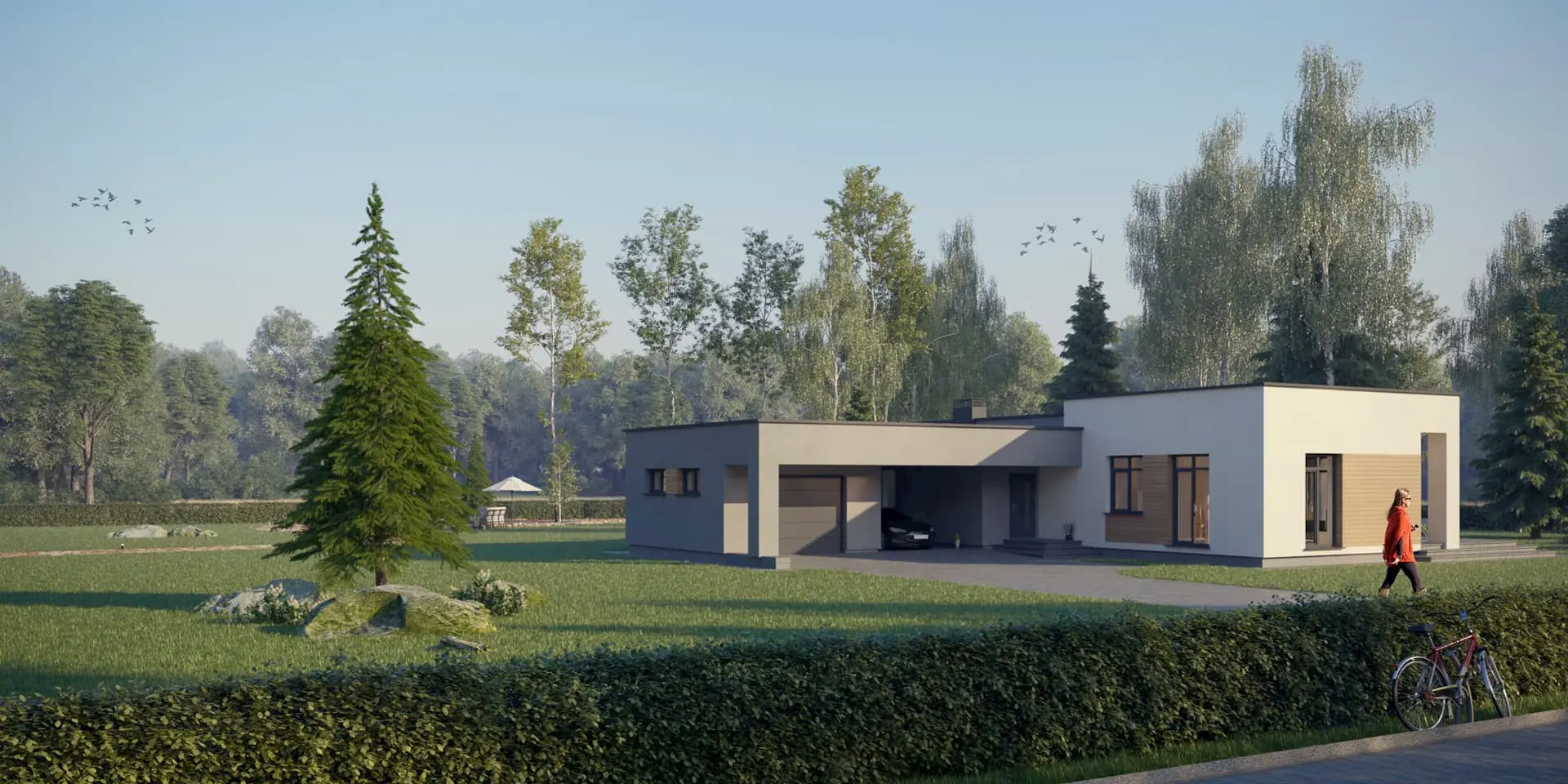 Projekt domu jednorodzinnego o pow. 165 m²: Parterowy, 3 Sypialnie, 2 Łazienki, Otwarta kuchnia, Wiata