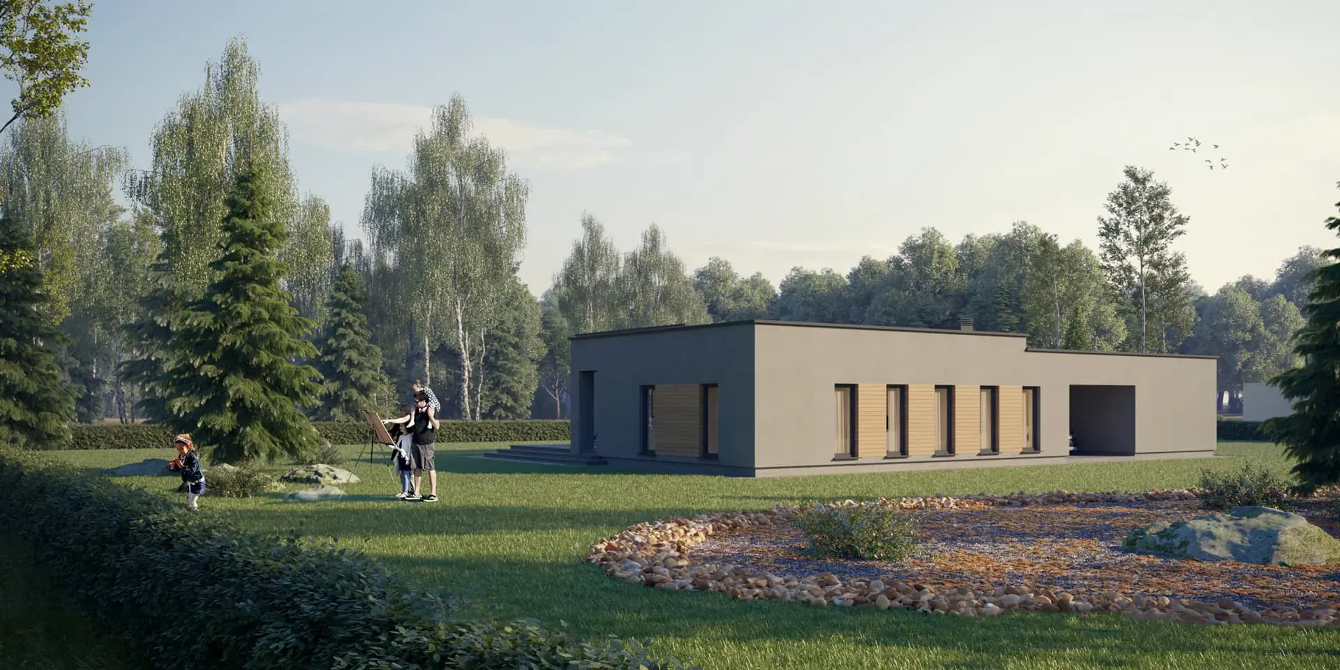 Projekt domu jednorodzinnego o pow. 165 m²: Parterowy, 3 Sypialnie, 2 Łazienki, Otwarta kuchnia, Wiata