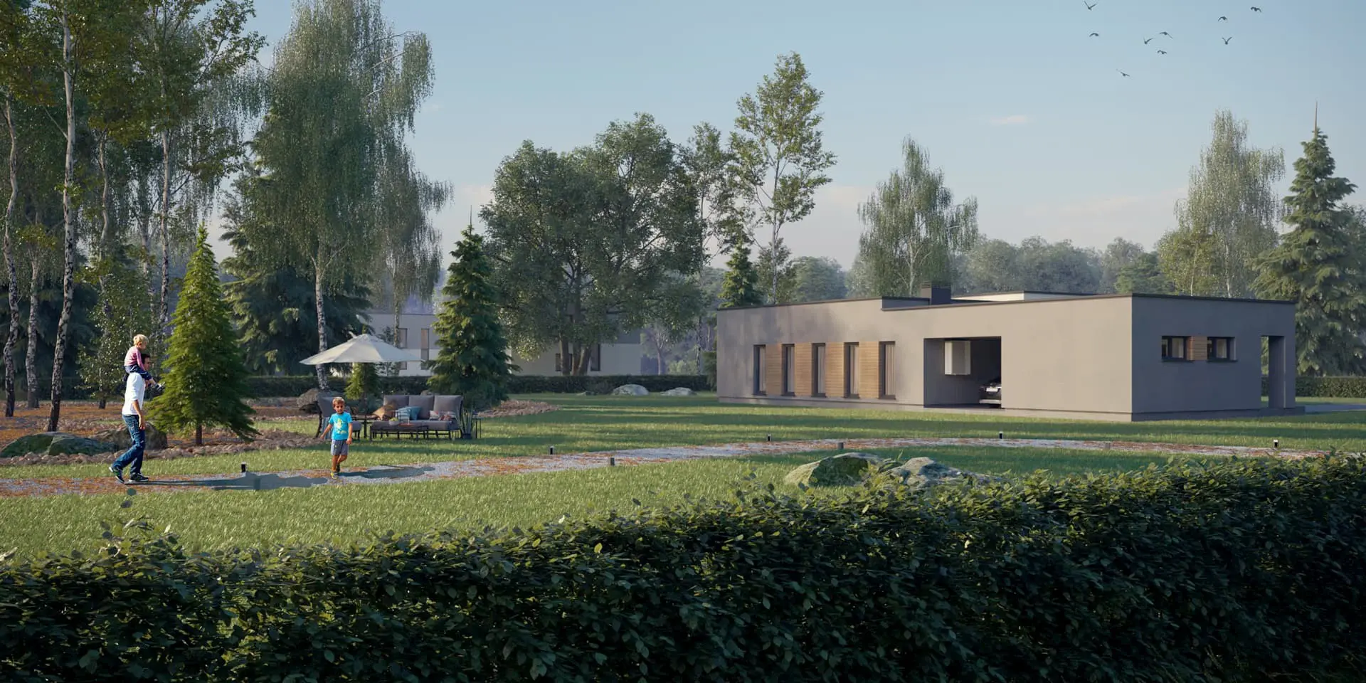 Projekt domu jednorodzinnego o pow. 165 m²: Parterowy, 3 Sypialnie, 2 Łazienki, Otwarta kuchnia, Wiata