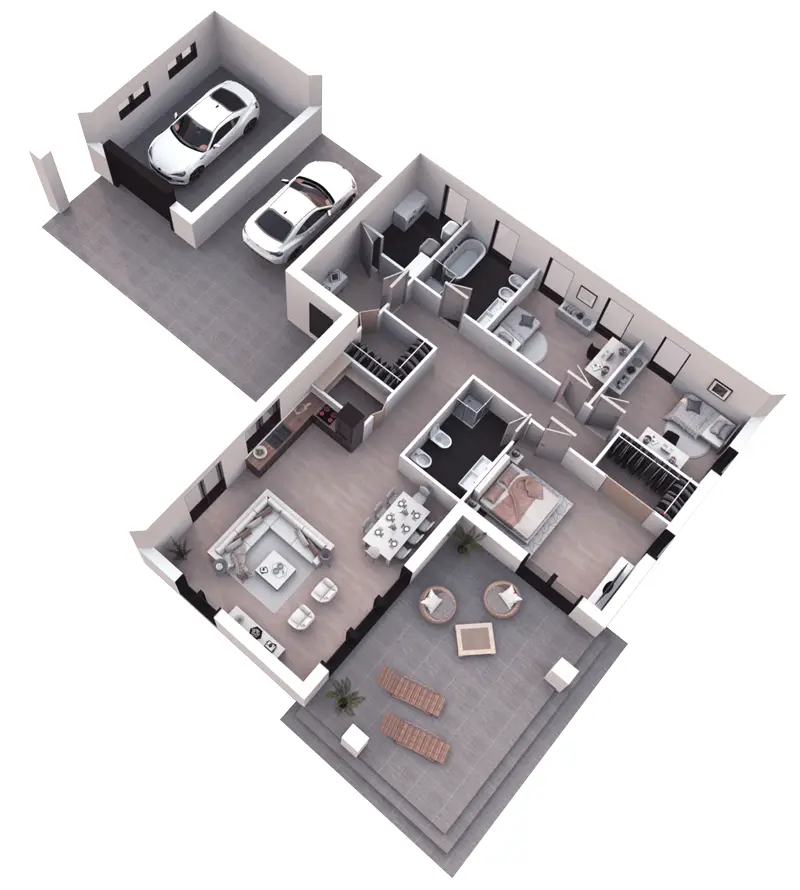 Projekt domu jednorodzinnego o pow. 165 m²: Parterowy, 3 Sypialnie, 2 Łazienki, Otwarta kuchnia, Wiata