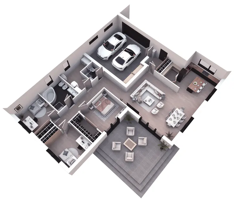 Projekt domu jednorodzinnego o pow. 181 m²: Parterowy, 3 Sypialnie, 2 Łazienki, Otwarta kuchnia, Garaż