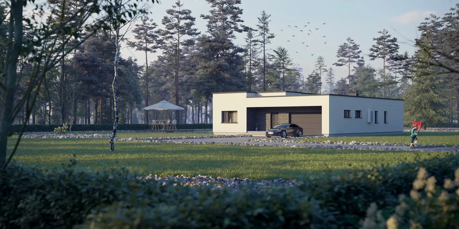 Projekt domu jednorodzinnego o pow. 181 m²: Parterowy, 3 Sypialnie, 2 Łazienki, Otwarta kuchnia, Garaż