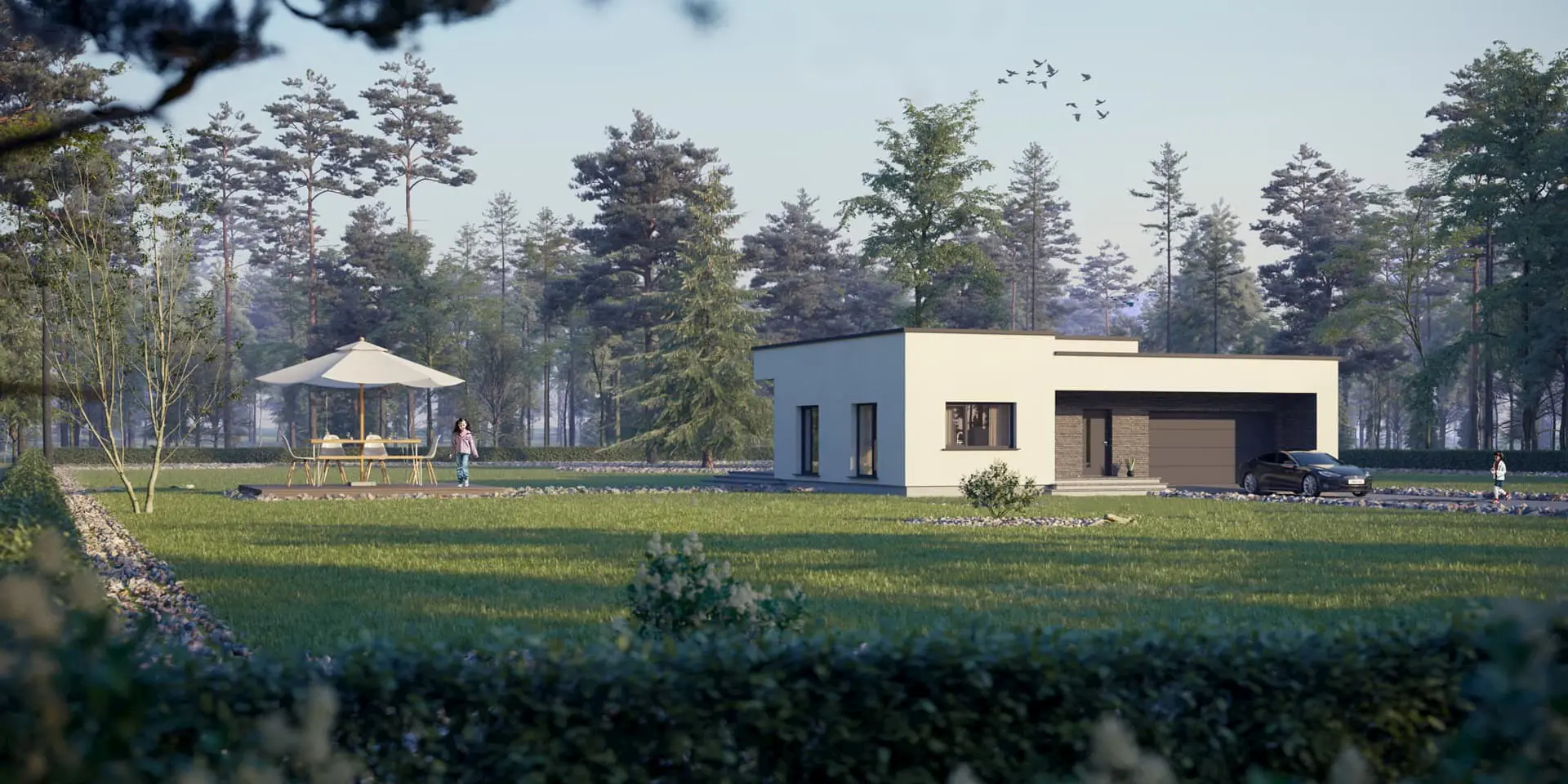 Projekt domu jednorodzinnego o pow. 181 m²: Parterowy, 3 Sypialnie, 2 Łazienki, Otwarta kuchnia, Garaż