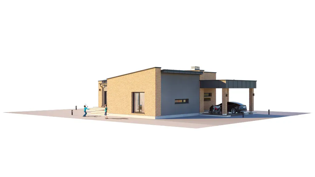 Projekt domu jednorodzinnego o pow. 126 m²: Parterowy, 3 Sypialnie, 2 Łazienki, Otwarta kuchnia, Wiata