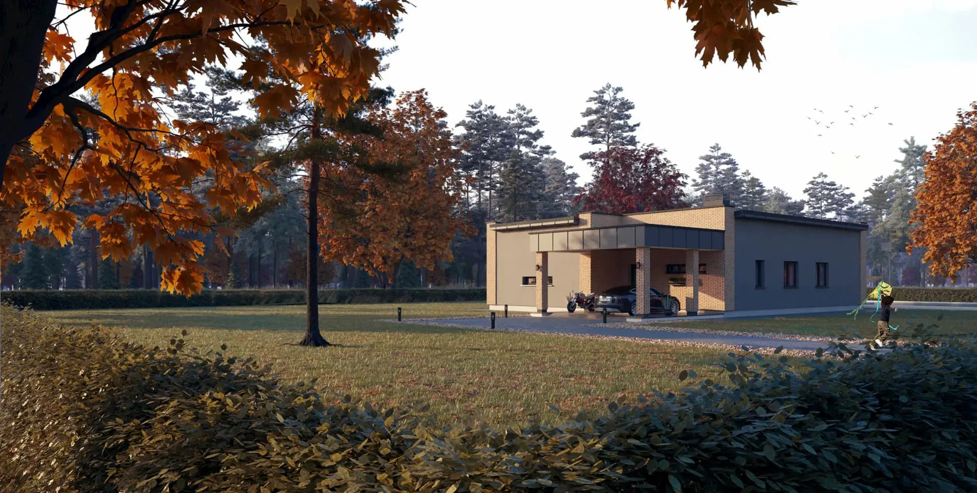 Projekt domu jednorodzinnego o pow. 126 m²: Parterowy, 3 Sypialnie, 2 Łazienki, Otwarta kuchnia, Wiata