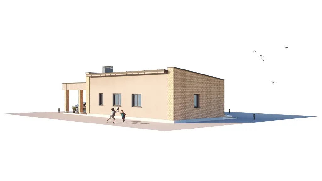 Projekt domu jednorodzinnego o pow. 126 m²: Parterowy, 3 Sypialnie, 2 Łazienki, Otwarta kuchnia, Wiata