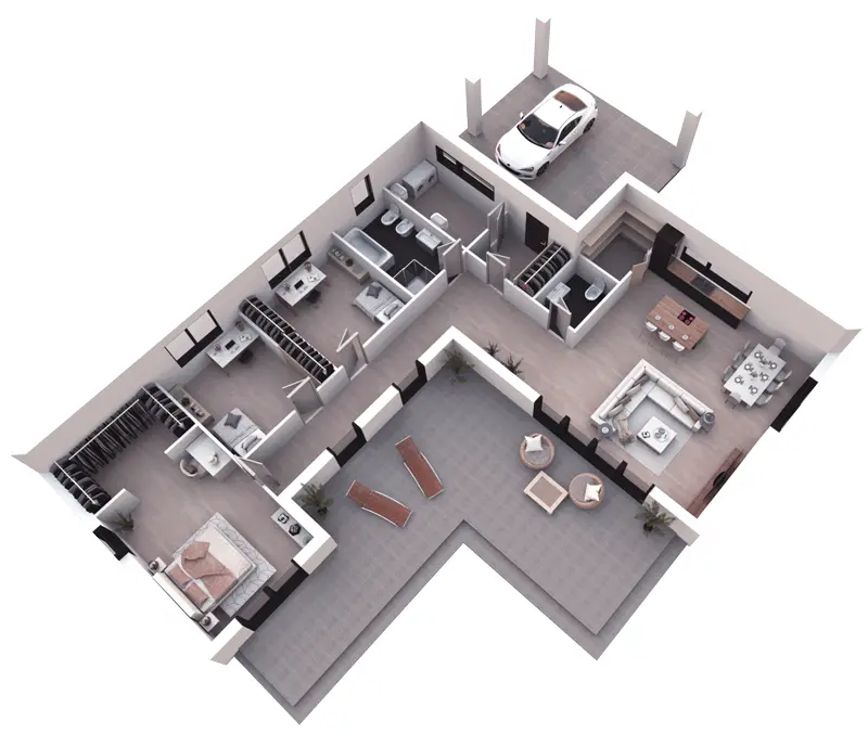 Projekt domu jednorodzinnego o pow. 126 m²: Parterowy, 3 Sypialnie, 2 Łazienki, Otwarta kuchnia, Wiata