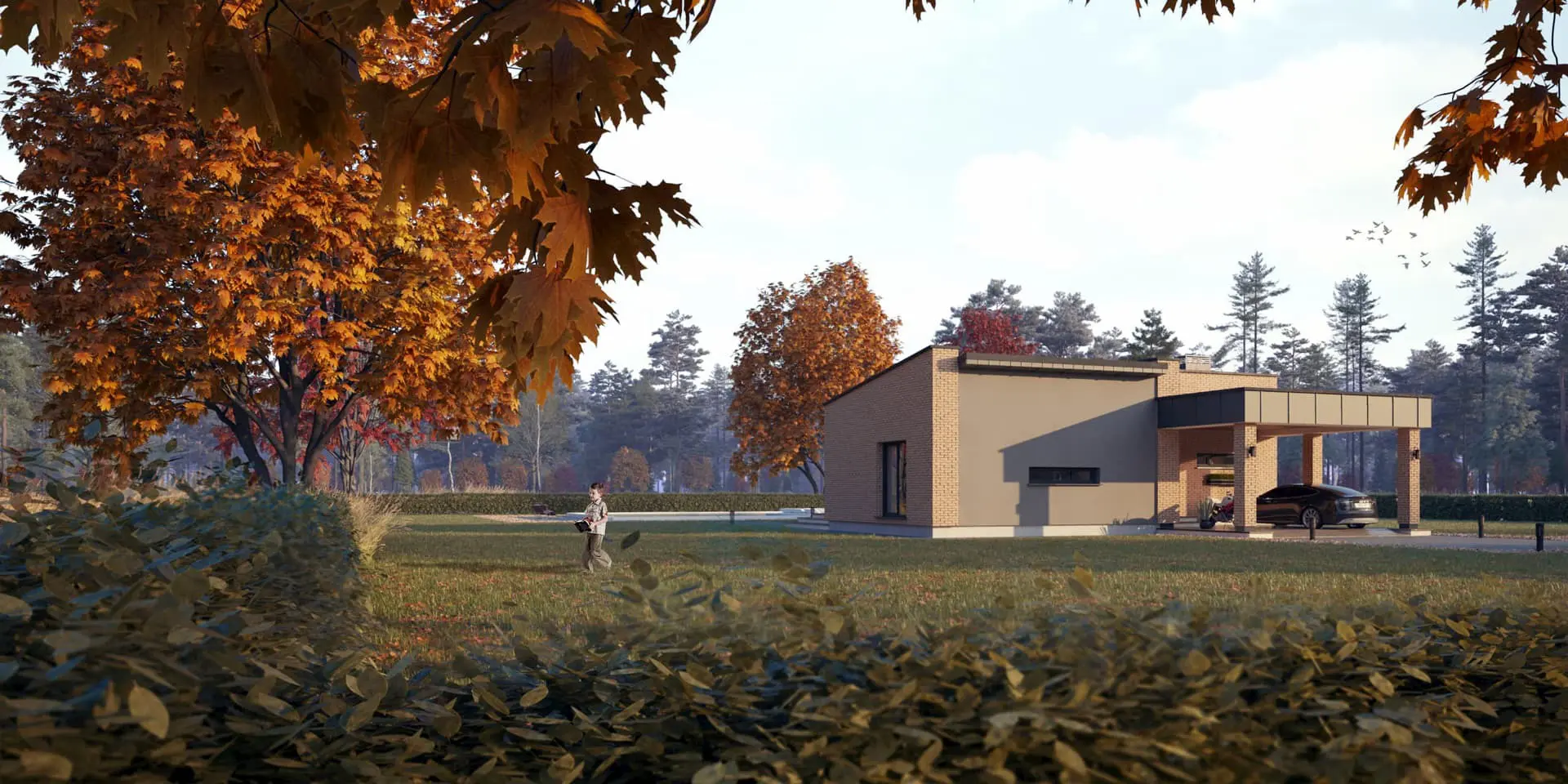 Projekt domu jednorodzinnego o pow. 126 m²: Parterowy, 3 Sypialnie, 2 Łazienki, Otwarta kuchnia, Wiata