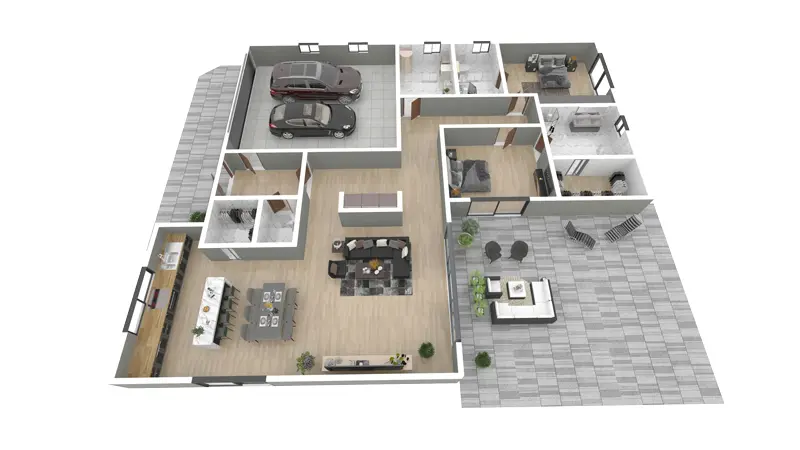 Projekt domu jednorodzinnego o pow. 192 m²: Parterowy, 2 Sypialnie, 3 Łazienki, Otwarta kuchnia, Garaż