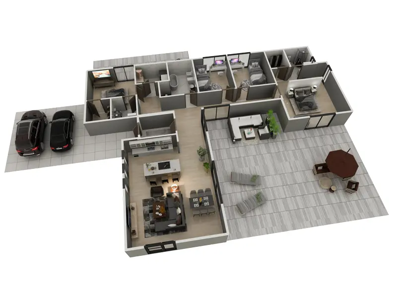 Projekt domu jednorodzinnego o pow. 177 m²: Parterowy, 4 Sypialnie, 3 Łazienki, Otwarta kuchnia, Wiata