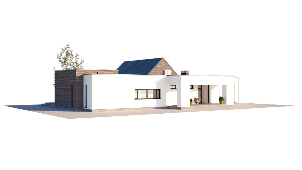 Projekt domu jednorodzinnego o pow. 177 m²: Parterowy, 4 Sypialnie, 3 Łazienki, Otwarta kuchnia, Wiata