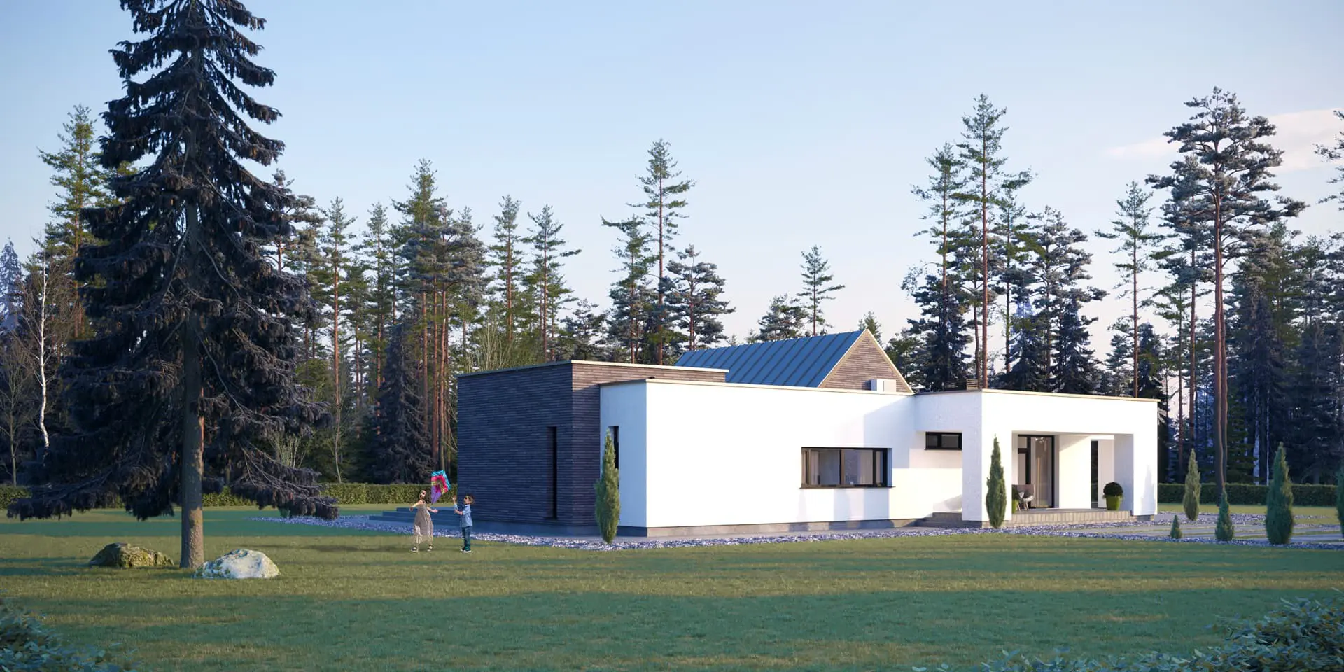 Projekt domu jednorodzinnego o pow. 177 m²: Parterowy, 4 Sypialnie, 3 Łazienki, Otwarta kuchnia, Wiata