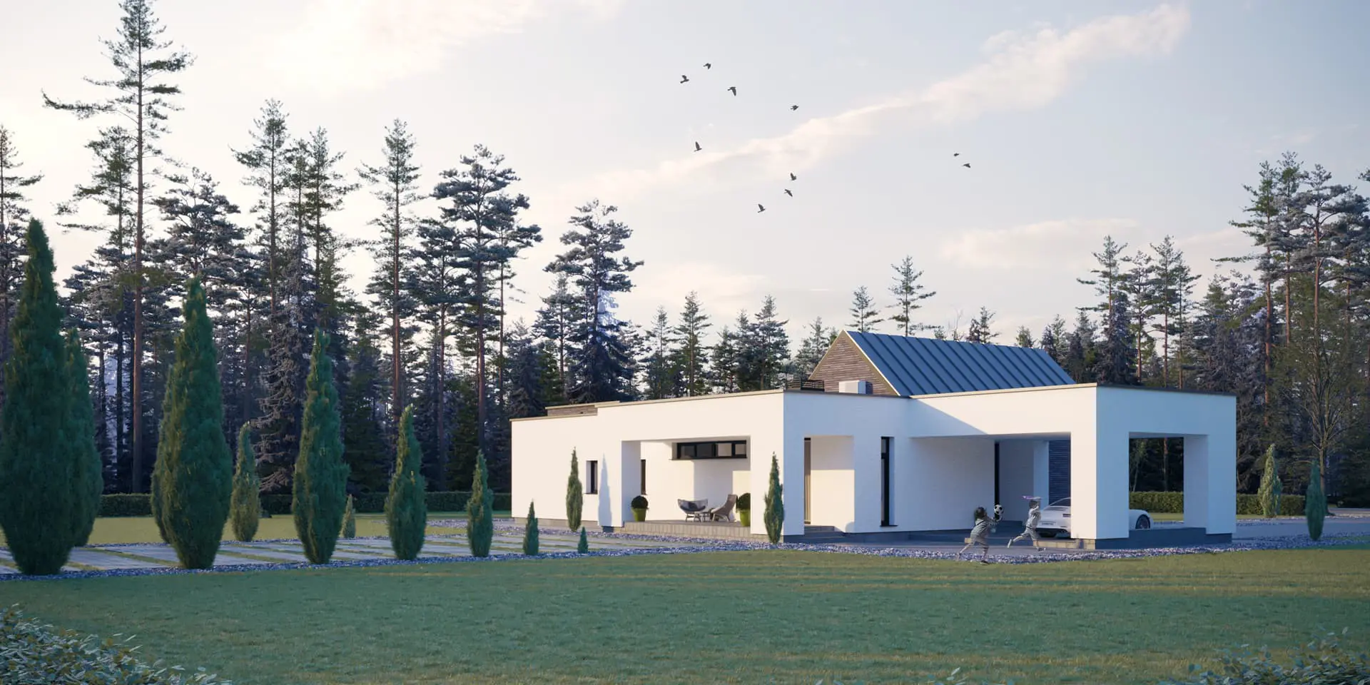 Projekt domu jednorodzinnego o pow. 177 m²: Parterowy, 4 Sypialnie, 3 Łazienki, Otwarta kuchnia, Wiata