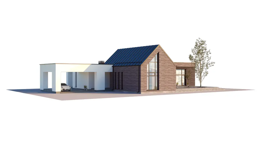 Projekt domu jednorodzinnego o pow. 177 m²: Parterowy, 4 Sypialnie, 3 Łazienki, Otwarta kuchnia, Wiata