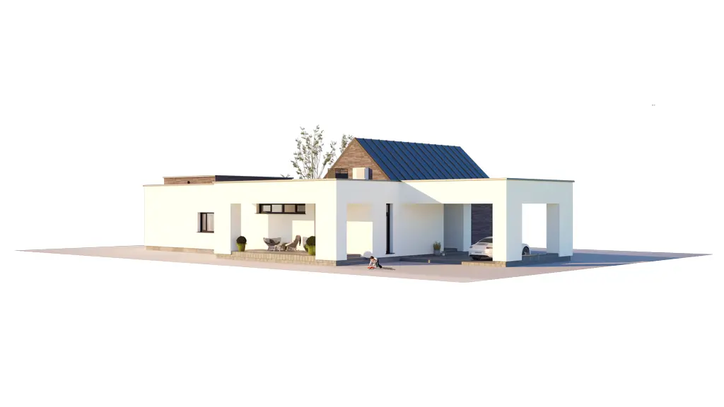 Projekt domu jednorodzinnego o pow. 177 m²: Parterowy, 4 Sypialnie, 3 Łazienki, Otwarta kuchnia, Wiata