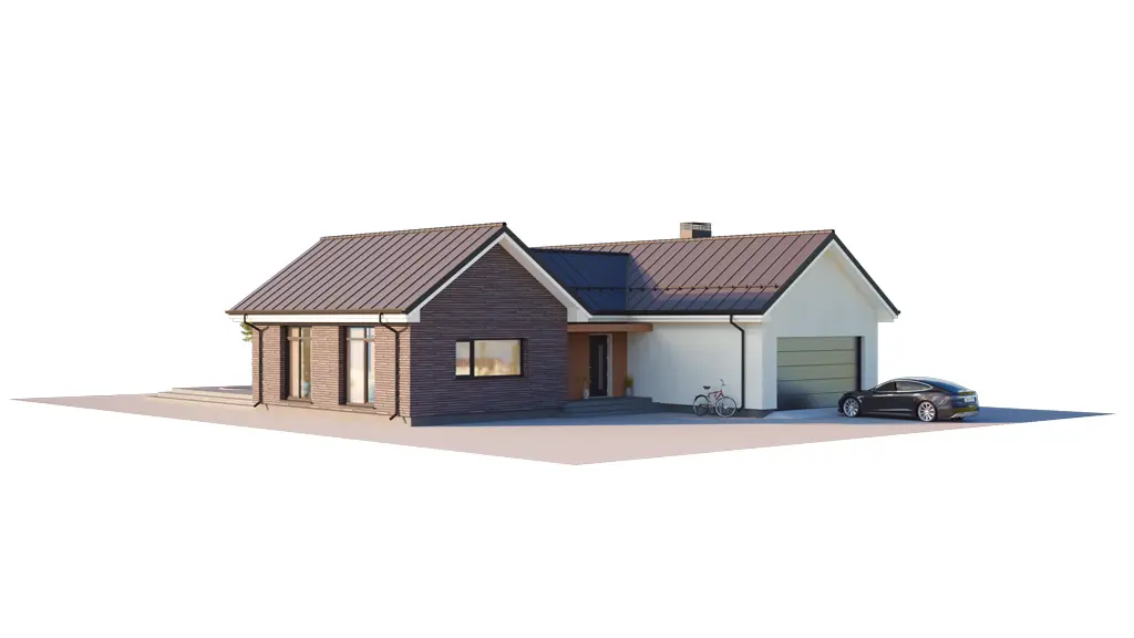 Projekt domu jednorodzinnego o pow. 179 m²: Parterowy, 3 Sypialnie, 2 Łazienki, Otwarta kuchnia, Garaż