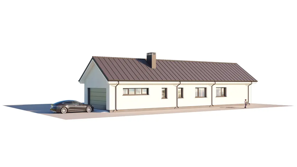 Projekt domu jednorodzinnego o pow. 179 m²: Parterowy, 3 Sypialnie, 2 Łazienki, Otwarta kuchnia, Garaż