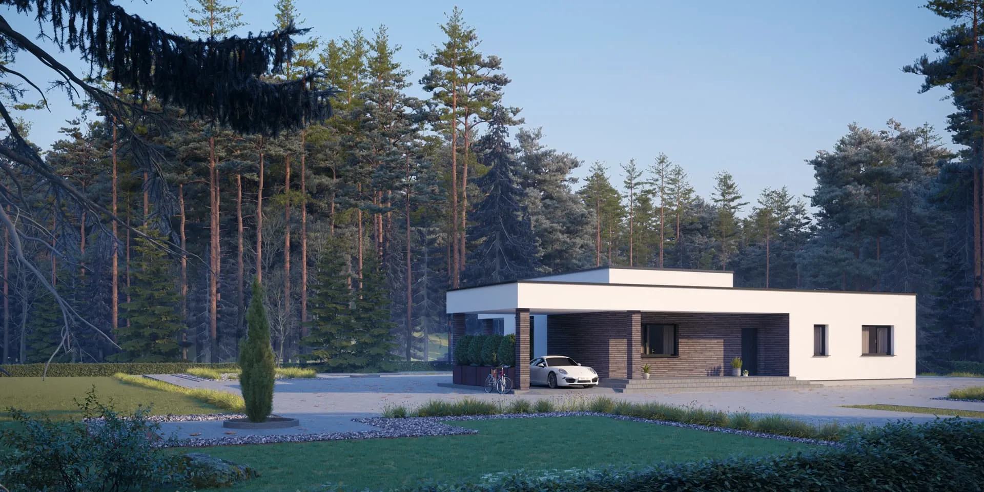 Projekt domu jednorodzinnego o pow. 137 m²: Parterowy, 3 Sypialnie, 1 Łazienki, Otwarta kuchnia, Wiata