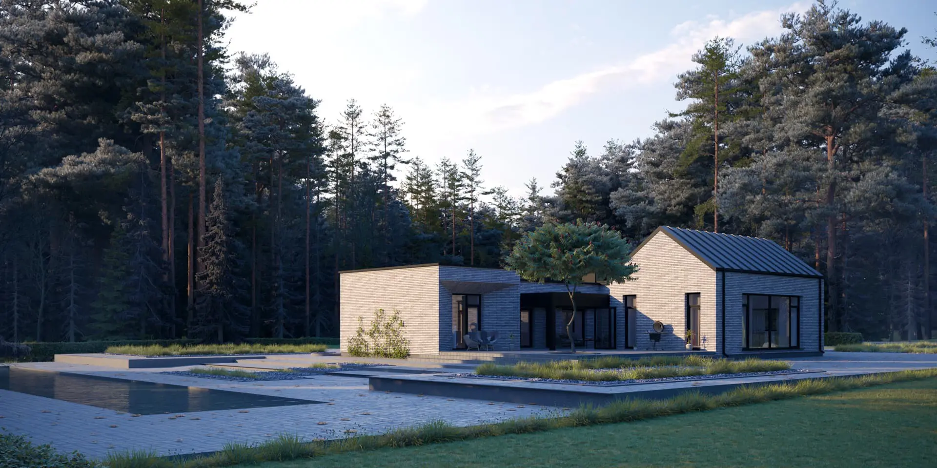 Projekt domu jednorodzinnego o pow. 205 m²: Parterowy, 3 Sypialnie, 2 Łazienki, Otwarta kuchnia, Garaż