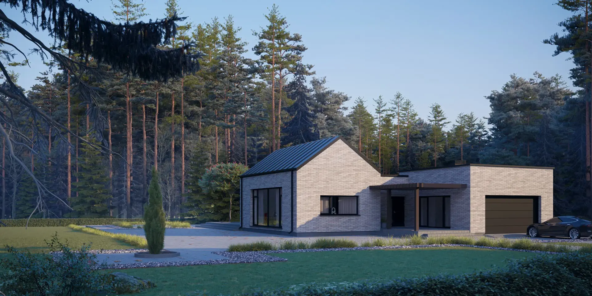 Projekt domu jednorodzinnego o pow. 205 m²: Parterowy, 3 Sypialnie, 2 Łazienki, Otwarta kuchnia, Garaż