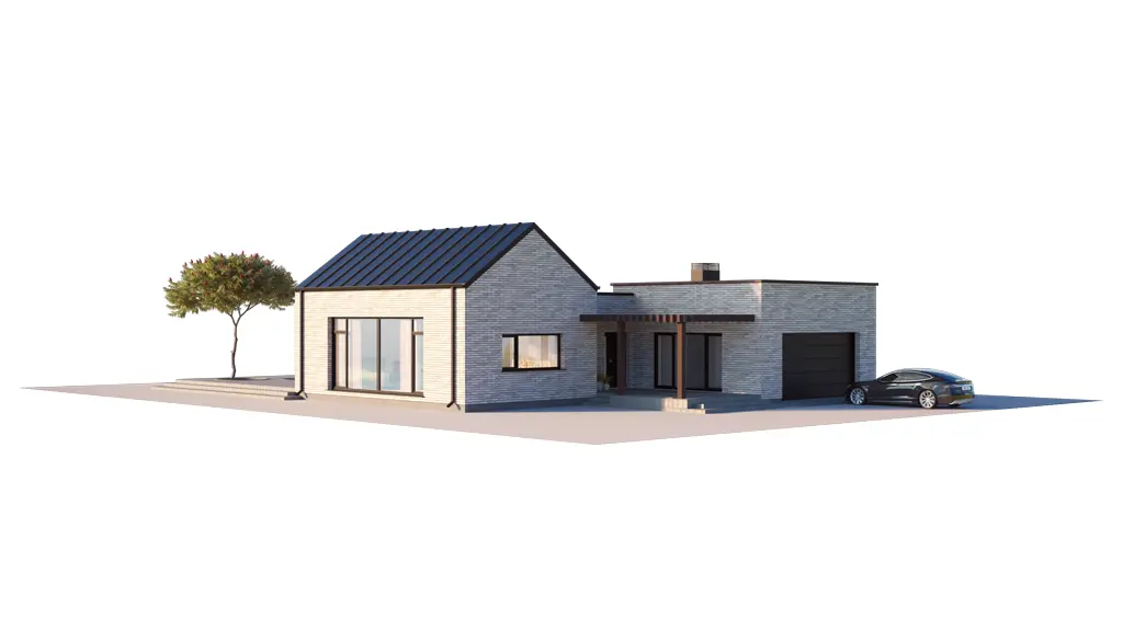 Projekt domu jednorodzinnego o pow. 205 m²: Parterowy, 3 Sypialnie, 2 Łazienki, Otwarta kuchnia, Garaż