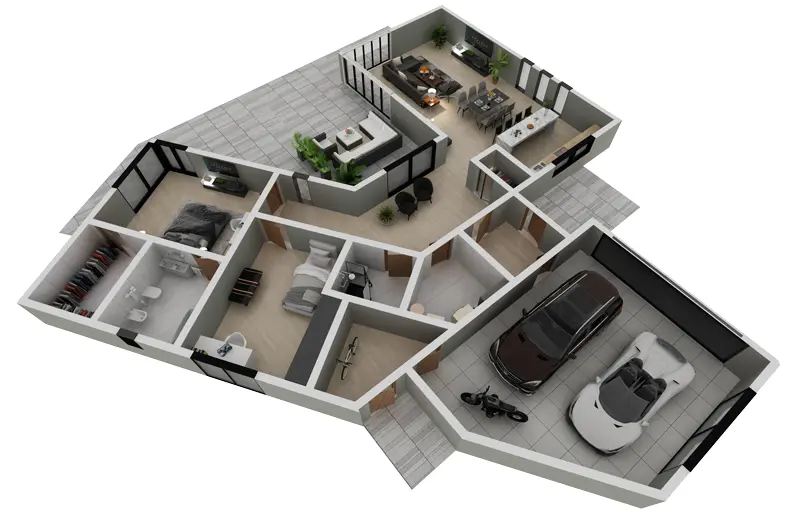 Projekt domu jednorodzinnego o pow. 179 m²: Parterowy, 2 Sypialnie, 2 Łazienki, Otwarta kuchnia, Garaż