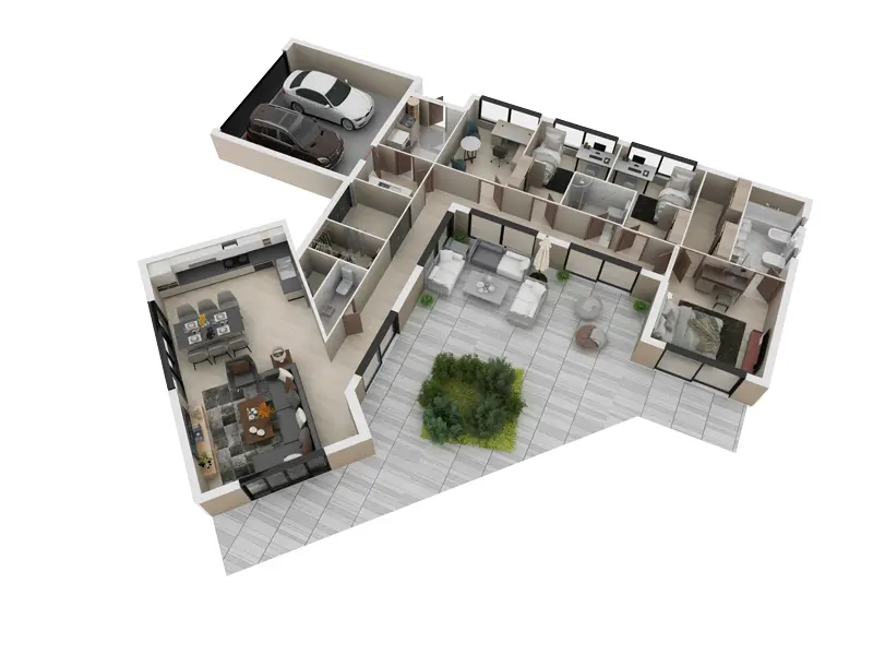 Projekt domu jednorodzinnego o pow. 199 m²: Parterowy, 3 Sypialnie, Gabinet, 3 Łazienki, Otwarta kuchnia, Garaż