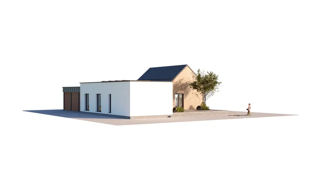 Projekt domu jednorodzinnego o pow. 121 m²: Parterowy, 3 Sypialnie, 2 Łazienki, Otwarta kuchnia, Wiata