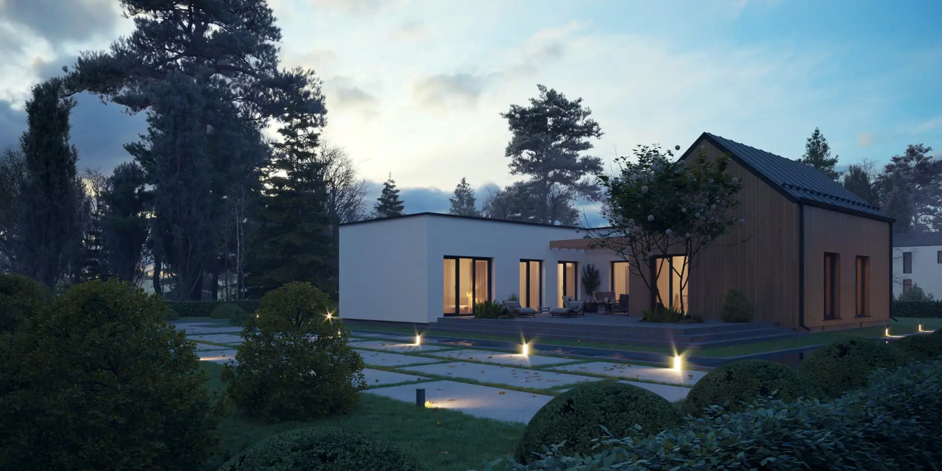 Projekt domu jednorodzinnego o pow. 121 m²: Parterowy, 3 Sypialnie, 2 Łazienki, Otwarta kuchnia, Wiata