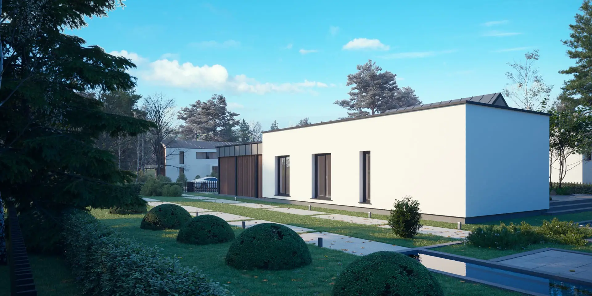 Projekt domu jednorodzinnego o pow. 121 m²: Parterowy, 3 Sypialnie, 2 Łazienki, Otwarta kuchnia, Wiata