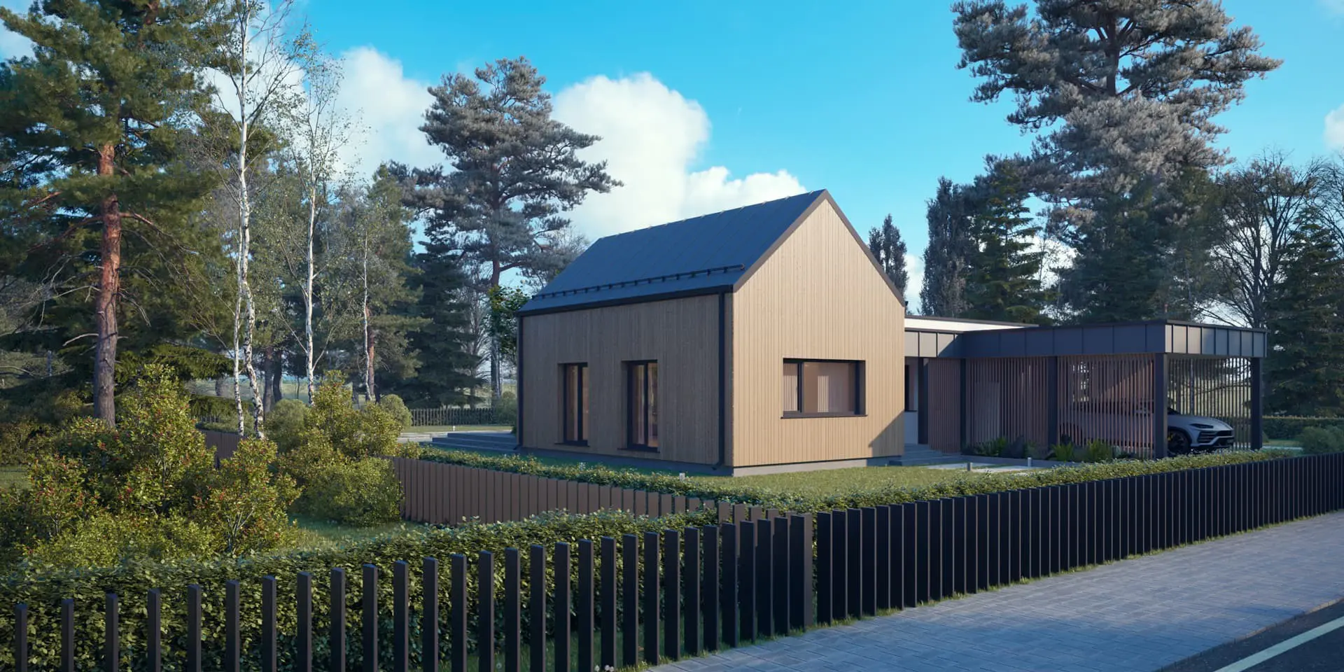 Projekt domu jednorodzinnego o pow. 121 m²: Parterowy, 3 Sypialnie, 2 Łazienki, Otwarta kuchnia, Wiata