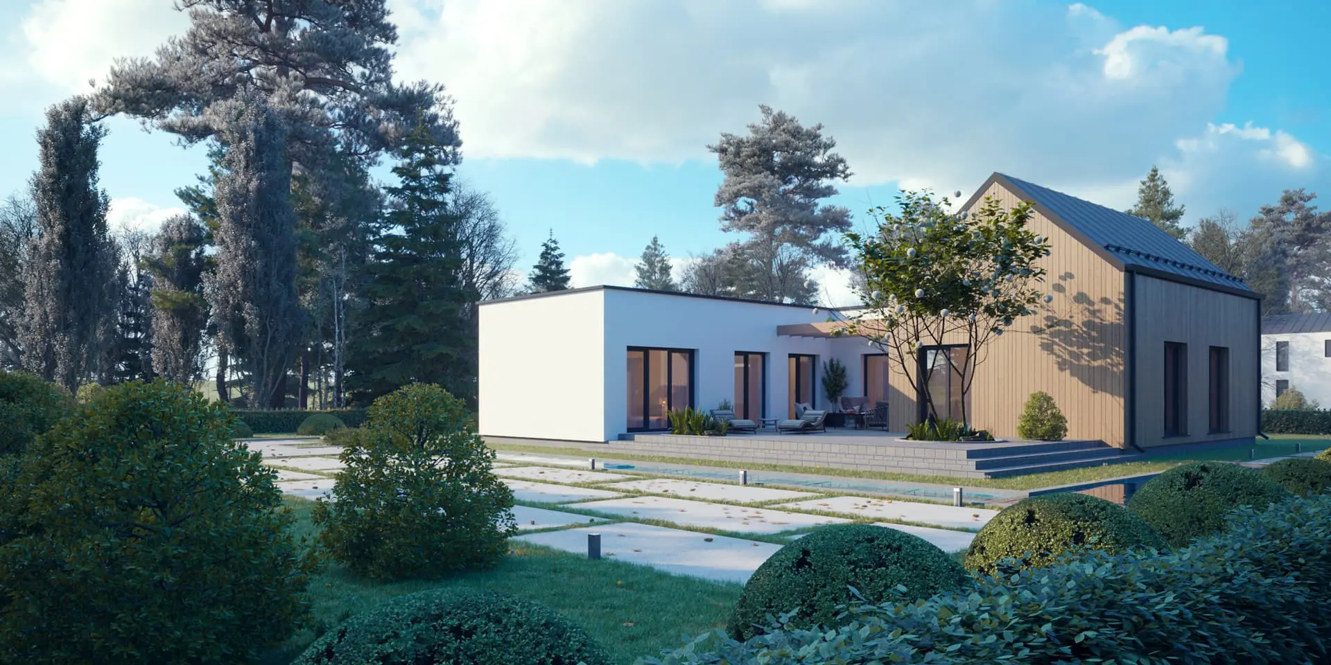 Projekt domu jednorodzinnego o pow. 121 m²: Parterowy, 3 Sypialnie, 2 Łazienki, Otwarta kuchnia, Wiata