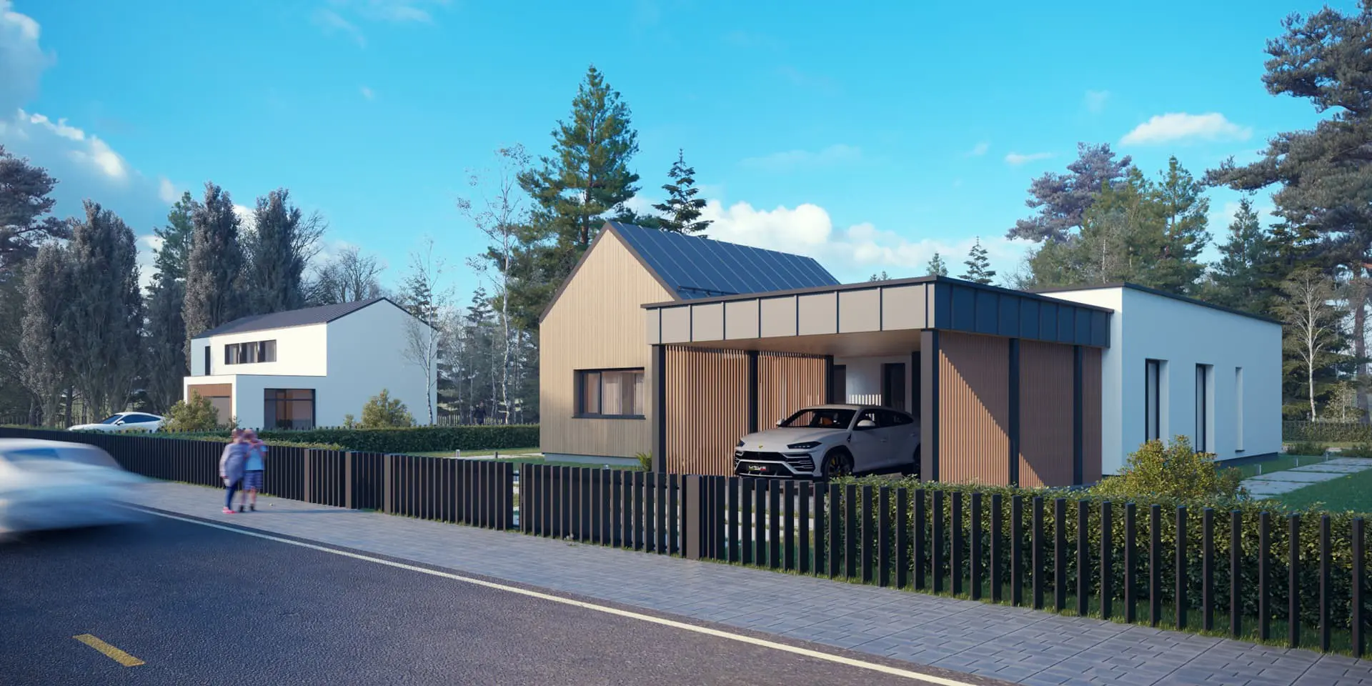 Projekt domu jednorodzinnego o pow. 121 m²: Parterowy, 3 Sypialnie, 2 Łazienki, Otwarta kuchnia, Wiata