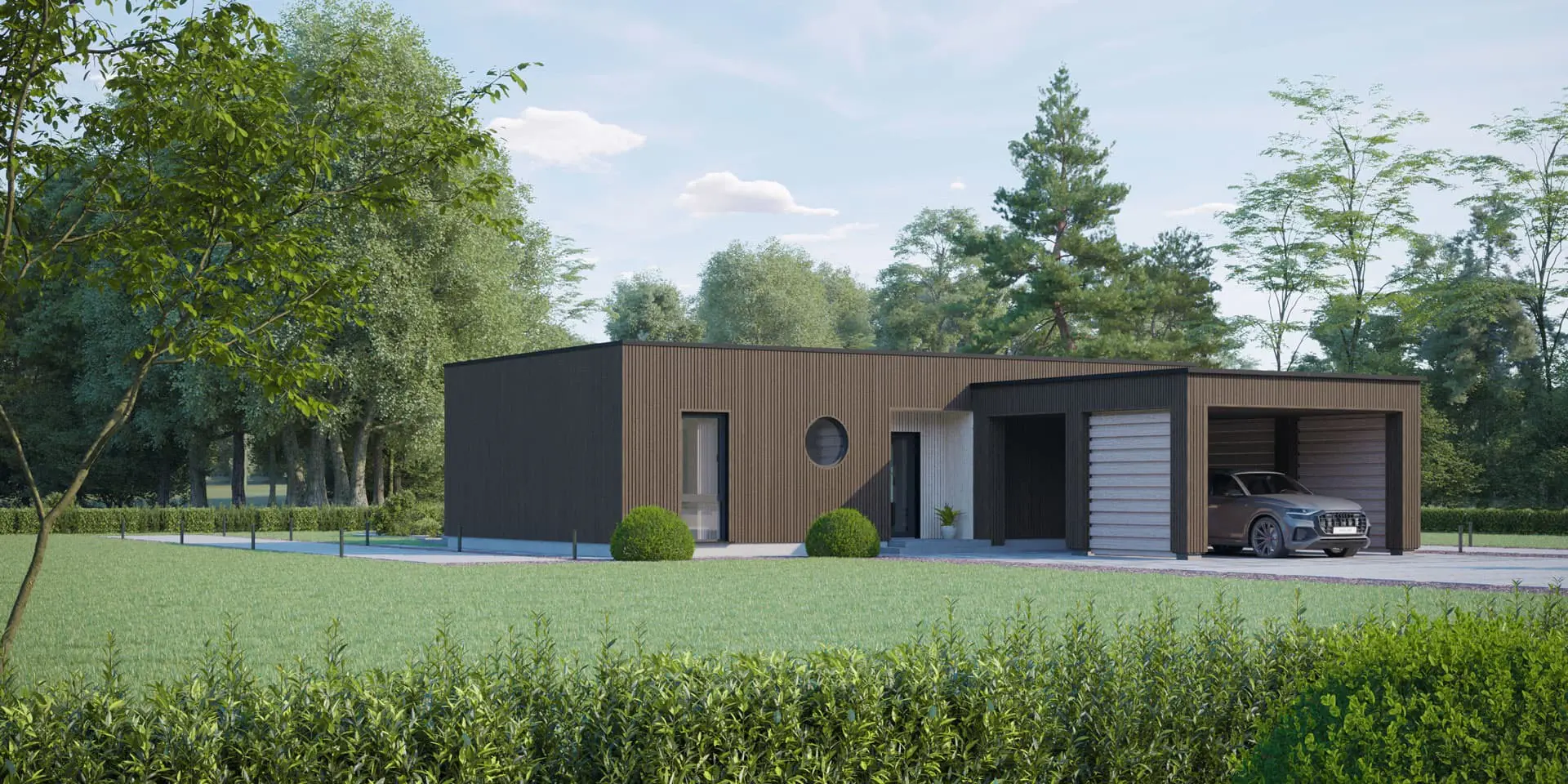 Projekt domu jednorodzinnego o pow. 79 m²: Parterowy, 2 Sypialnie, Gabinet, 2 Łazienki, Otwarta kuchnia, Wiata