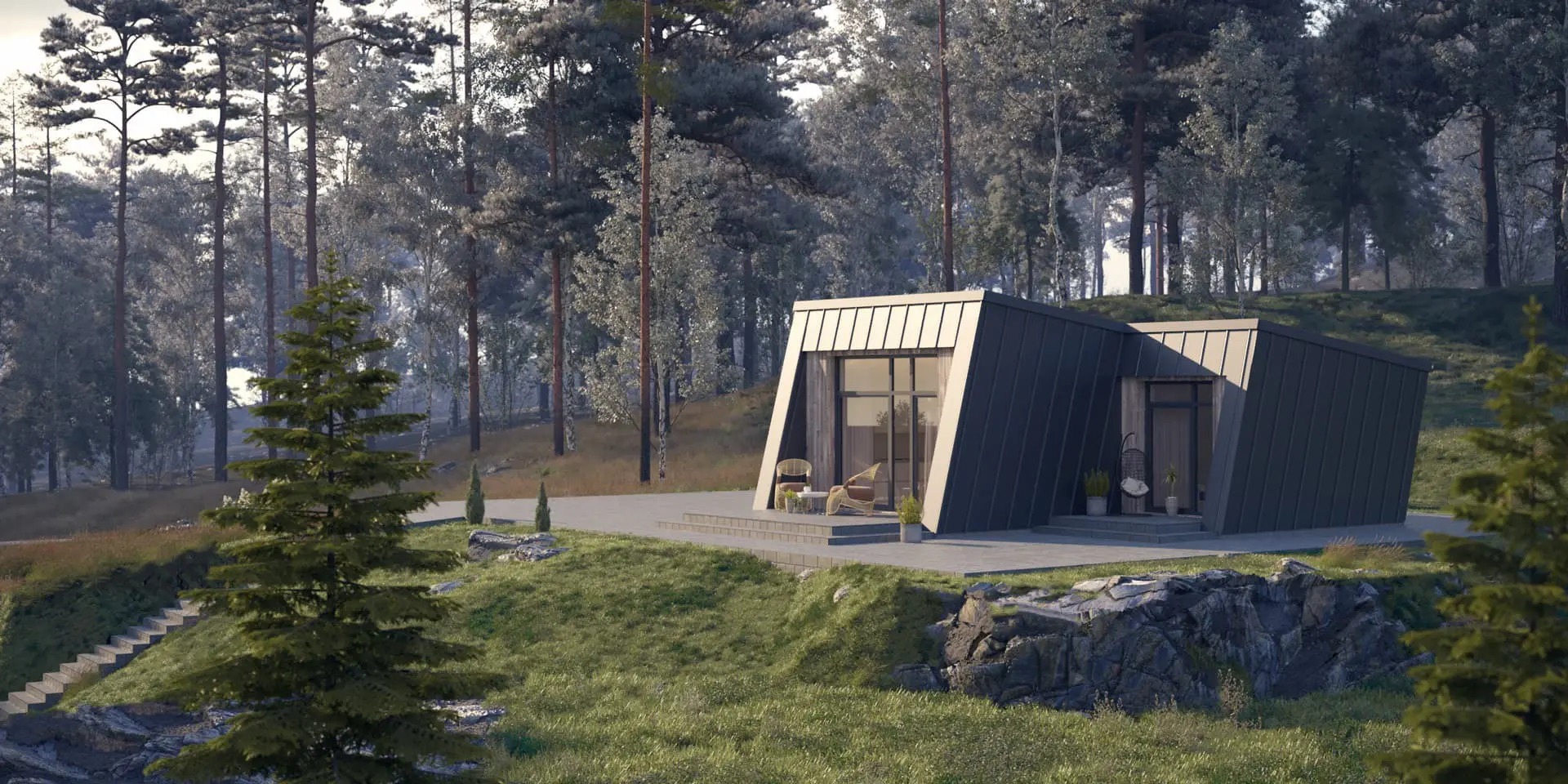 Projekt domu jednorodzinnego o pow. 50 m²: Parterowy, 2 Sypialnie, 1 Łazienki, Otwarta kuchnia