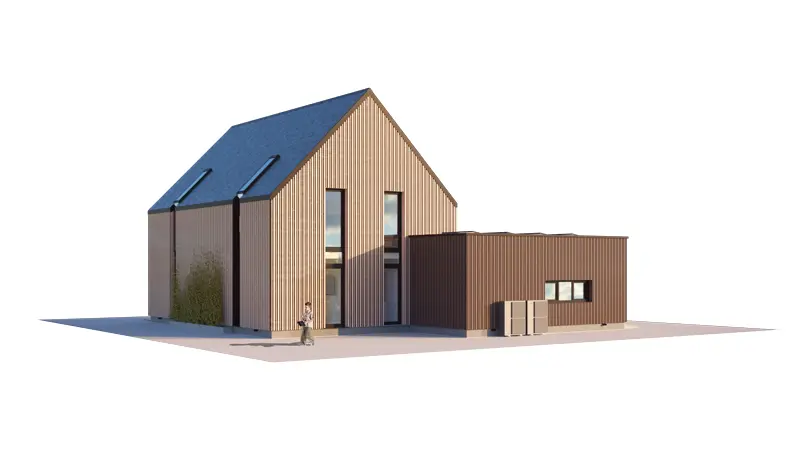 Projekt domu jednorodzinnego o pow. 153 m²: Parterowy z poddaszem użytkowym, 3 Sypialnie, 2 Łazienki, Otwarta kuchnia, Garaż