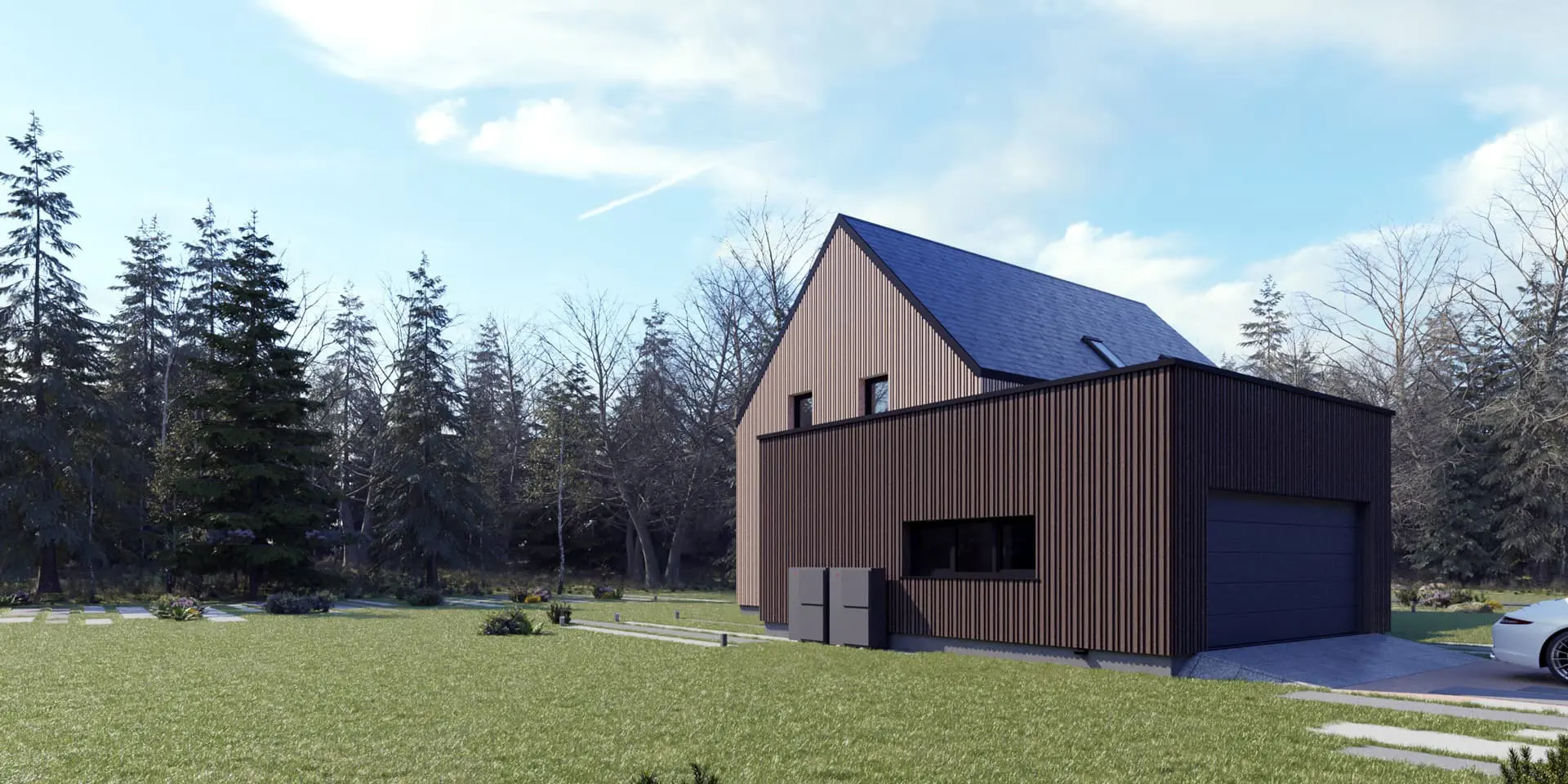 Projekt domu jednorodzinnego o pow. 153 m²: Parterowy z poddaszem użytkowym, 3 Sypialnie, 2 Łazienki, Otwarta kuchnia, Garaż