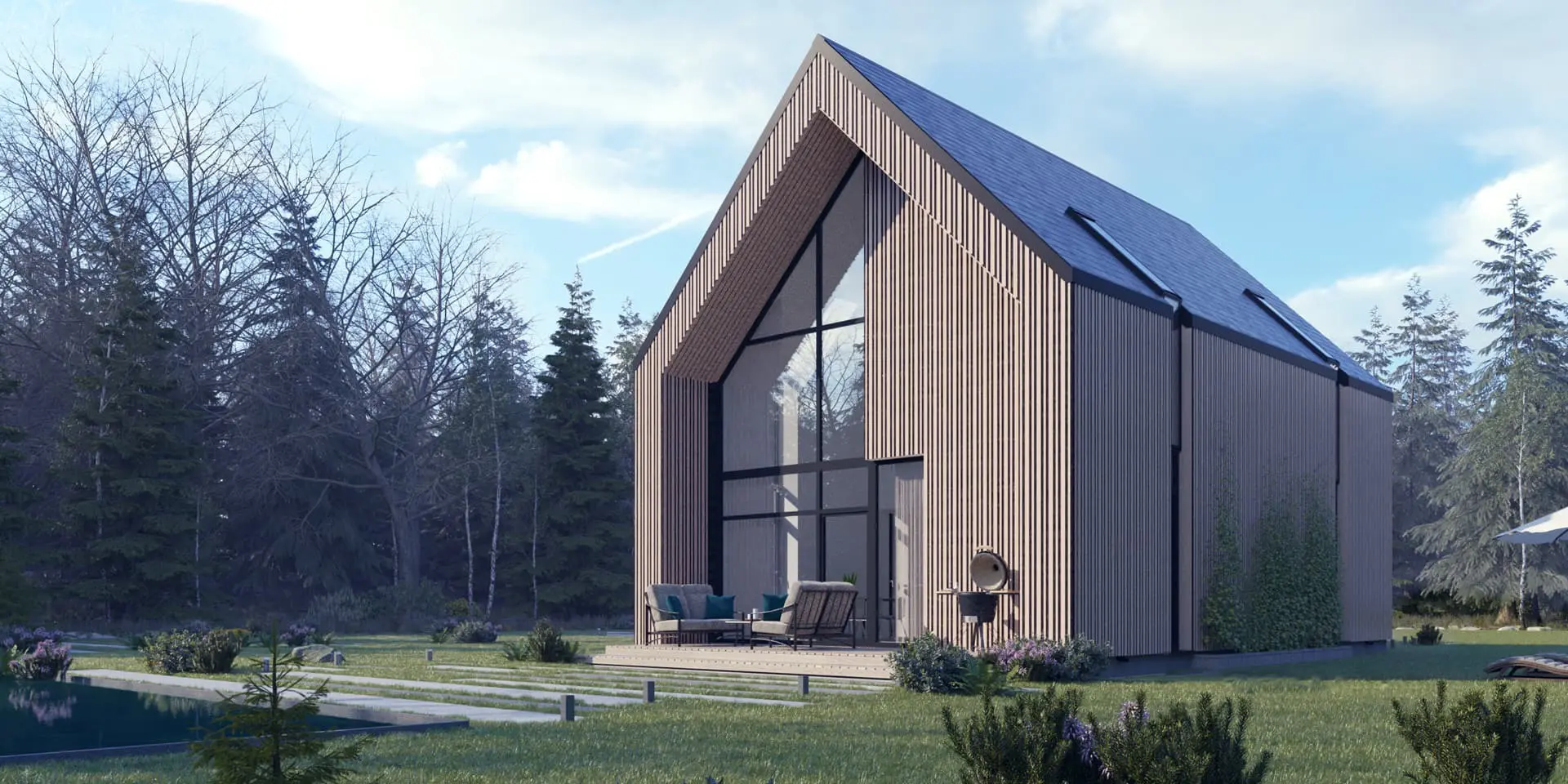 Projekt domu jednorodzinnego o pow. 153 m²: Parterowy z poddaszem użytkowym, 3 Sypialnie, 2 Łazienki, Otwarta kuchnia, Garaż