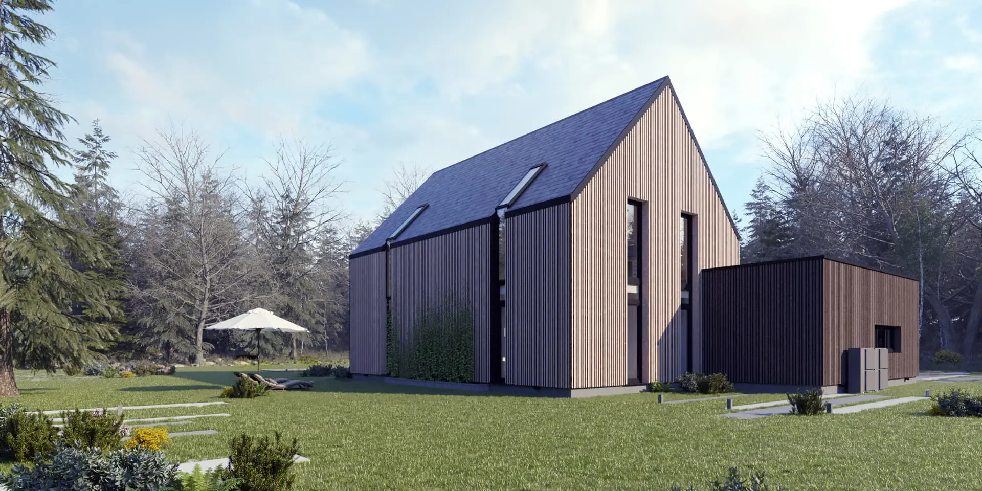 Projekt domu jednorodzinnego o pow. 153 m²: Parterowy z poddaszem użytkowym, 3 Sypialnie, 2 Łazienki, Otwarta kuchnia, Garaż