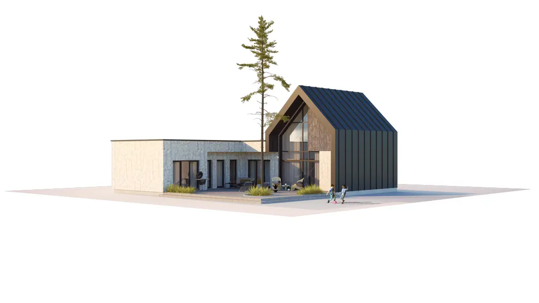 Projekt domu jednorodzinnego o pow. 155 m²: Parterowy z poddaszem użytkowym, 3 Sypialnie, Gabinet, 2 Łazienki, Otwarta kuchnia, Garaż