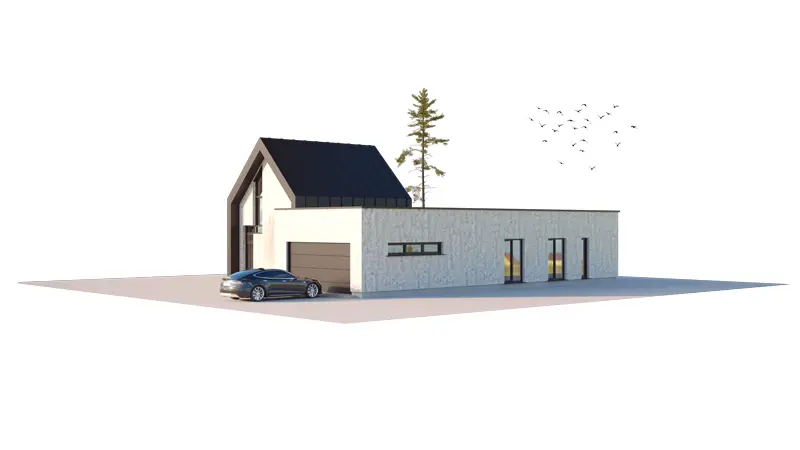 Projekt domu jednorodzinnego o pow. 155 m²: Parterowy z poddaszem użytkowym, 3 Sypialnie, Gabinet, 2 Łazienki, Otwarta kuchnia, Garaż