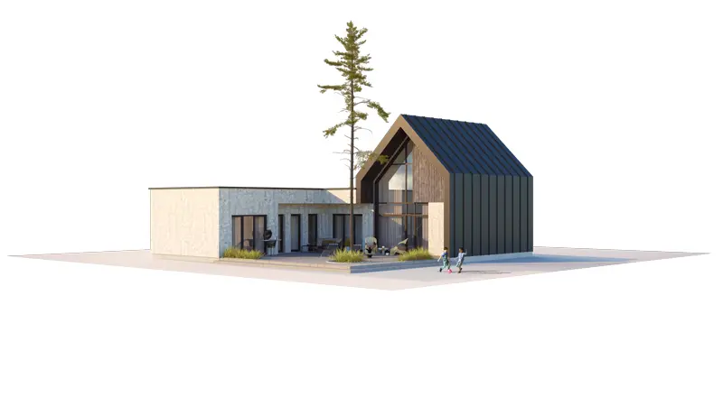 Projekt domu jednorodzinnego o pow. 155 m²: Parterowy z poddaszem użytkowym, 3 Sypialnie, Gabinet, 2 Łazienki, Otwarta kuchnia, Garaż