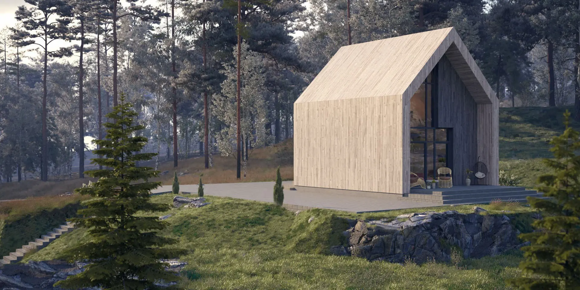 Projekt domu jednorodzinnego o pow. 50 m²: Parterowy z poddaszem użytkowym, 1 Sypialnie, 1 Łazienki, Otwarta kuchnia