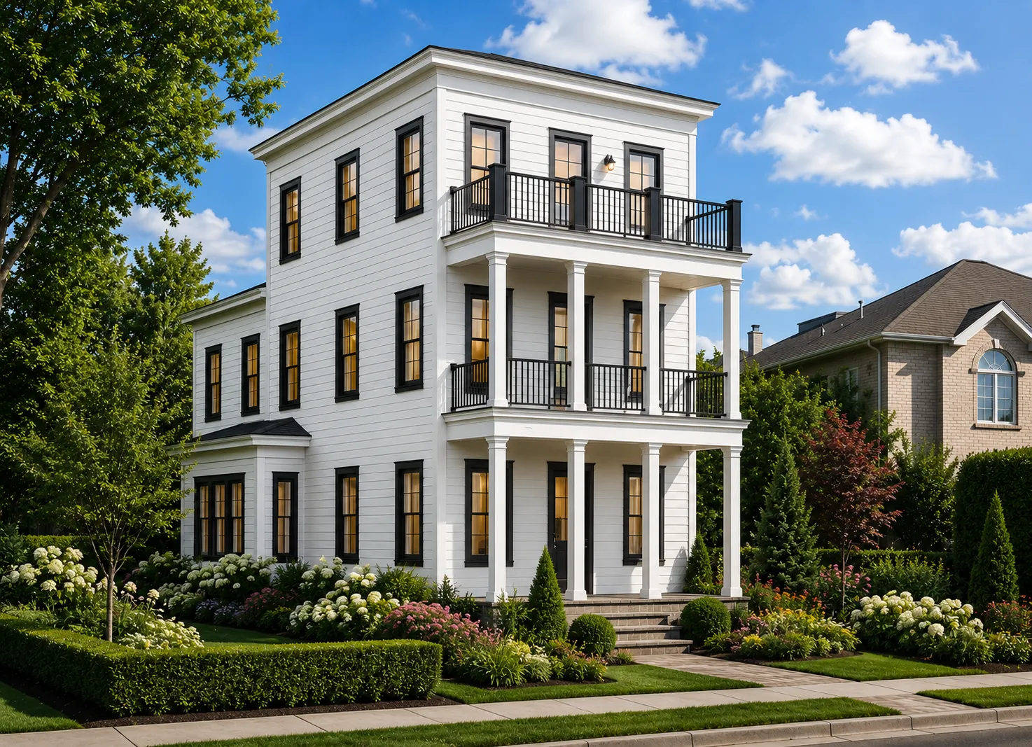 Projekt domu dwupiętrowego o pow. 414 m²: 5 Sypialnie, 6 Łazienki, Otwarta kuchnia, bez Garażu