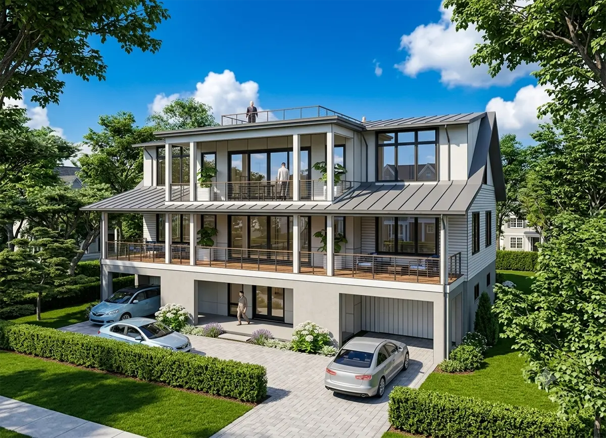 Projekt domu dwupiętrowego o pow. 319 m²: 4 Sypialnie, Gabinet, 5 Łazienki, Otwarta kuchnia, Garaż
